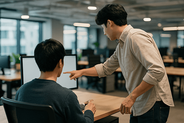 オフィスで後輩を指導する先輩社員